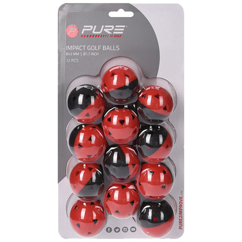 A pack of twelve golf balls is displayed with alternating red and black colors featuring a glossy finish arranged in a plastic shell ready for sale
