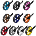 Colorful measuring wheels are arranged in a grid with various colors including teal black pink brown blue orange red white and yellow each showing the wheel and handle with distinct rubber treads.