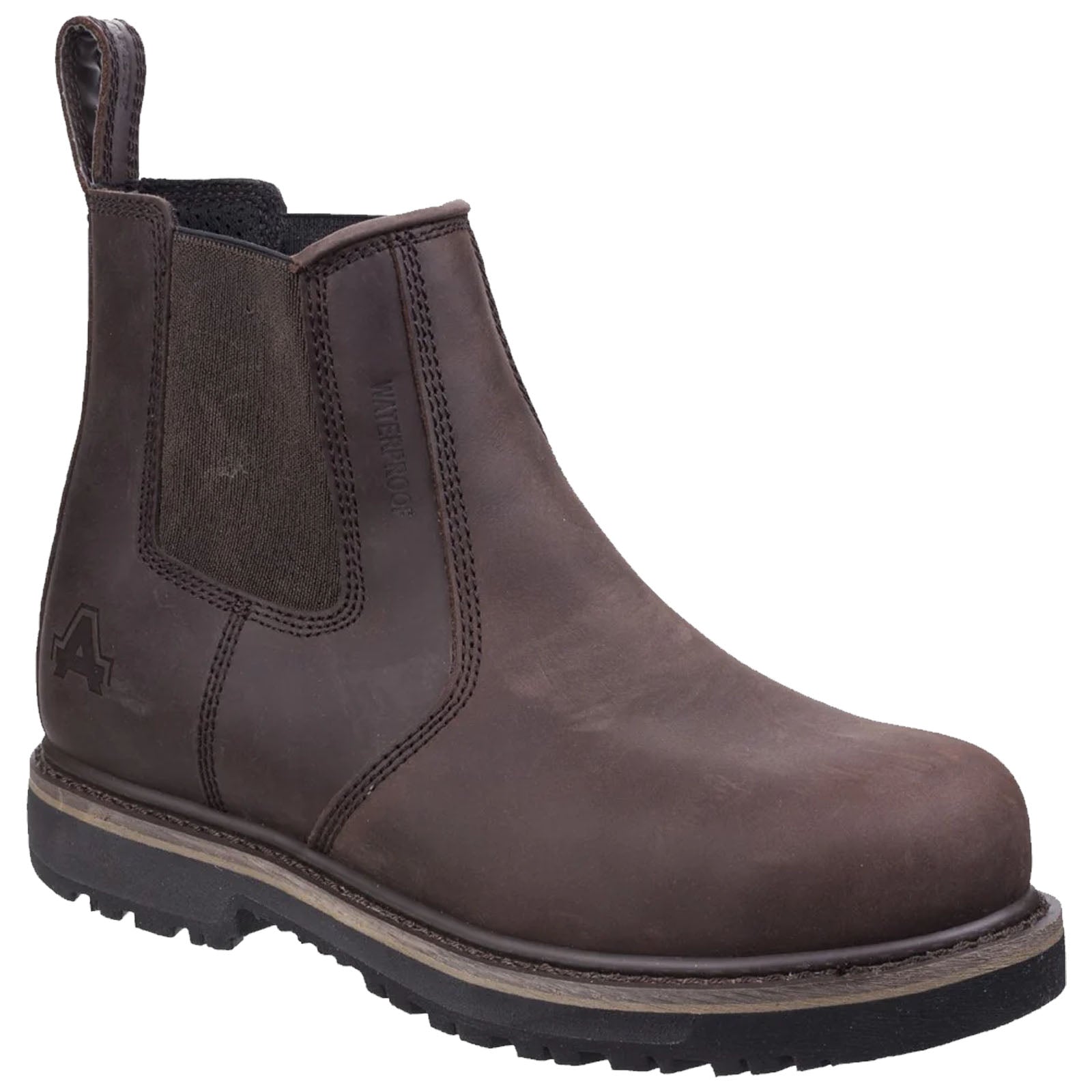 A brown leather chelsea boot stands upright on a flat surface featuring elastic side panels and a reinforced heel tab designed for easy slip-on wear in outdoor environments.