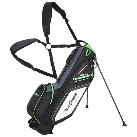 A golf bag with dual shoulder straps is positioned upright on its stand. It features a sleek design with black and green accents and compartments for carrying golf clubs and accessories.