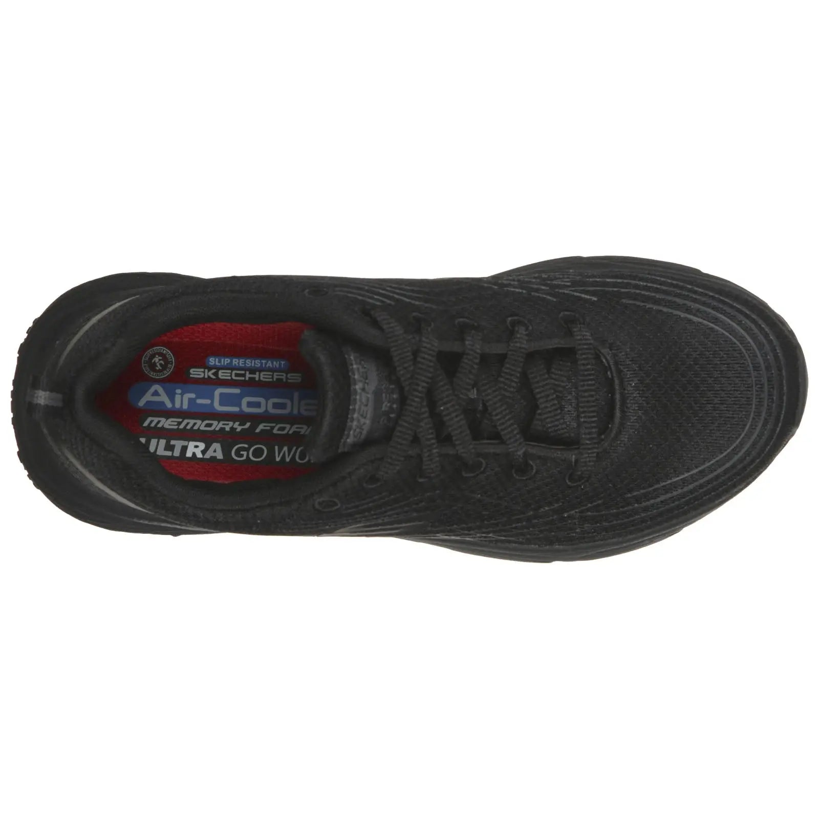 A black athletic shoe rests flat displaying a textured surface and laces tied, with visible branded labels inside indicating features like slip resistance and memory foam cushioning in a neutral environment.