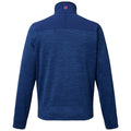 A blue long-sleeve pullover is displayed with a high collar and textured fabric. The back view shows no distinct features, focusing on the solid color and design.