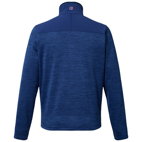 A blue long-sleeve pullover is displayed with a high collar and textured fabric. The back view shows no distinct features, focusing on the solid color and design.