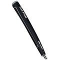 A black golf club grip with the text Golf Pride and Pro Only printed on it is positioned against a plain background highlighting its design and materials used for better handling during play.
