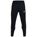 Black athletic pants stand upright showcasing a sleek design with an elastic waistband and a white logo on the side suitable for sports or casual wear in an indoor setting.