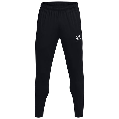 Black athletic pants stand upright showcasing a sleek design with an elastic waistband and a white logo on the side suitable for sports or casual wear in an indoor setting.
