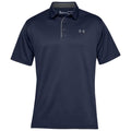 A navy blue polo shirt is displayed with a collar and short sleeves featuring a logo on the upper left side it is designed for casual or athletic wear.