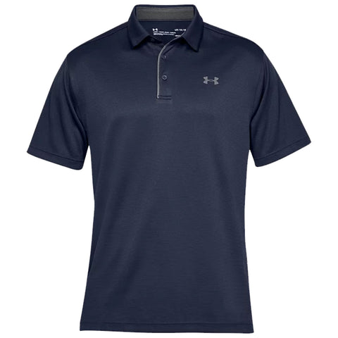 A navy blue polo shirt is displayed with a collar and short sleeves featuring a logo on the upper left side it is designed for casual or athletic wear.