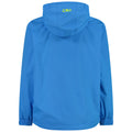 A blue jacket with a hood hangs facing away, showcasing its smooth fabric and elastic cuffs, likely designed for outdoor wear in variable weather conditions. The brand logo "CMP" is visible on the back.