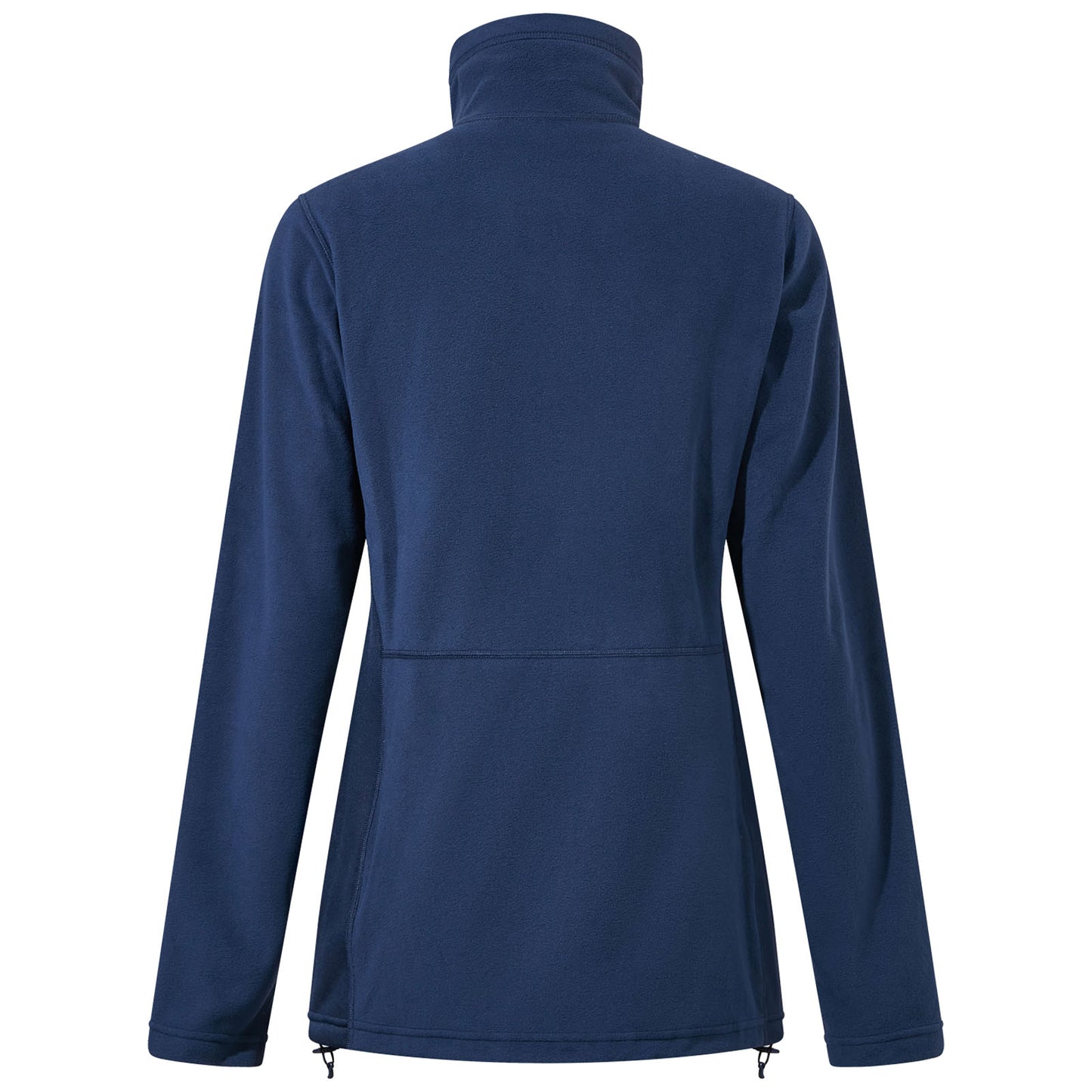 A dark blue fleece jacket hangs displaying a high collar and long sleeves it features a simple design suitable for casual outdoor wear
