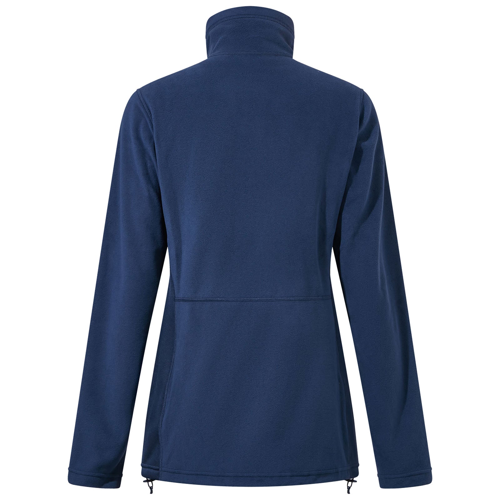A dark blue fleece jacket hangs displaying a high collar and long sleeves it features a simple design suitable for casual outdoor wear