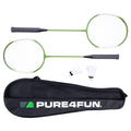 Two green badminton rackets with black grips lie flat alongside two shuttlecocks inside a black carrying case labeled PURE4FUN, showcasing a compact sports setup for outdoor play.