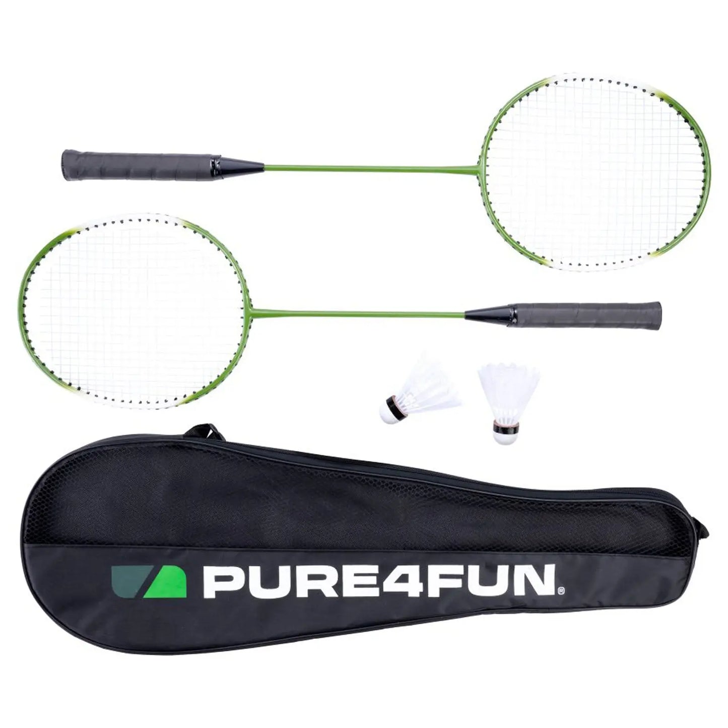 Two green badminton rackets with black grips lie flat alongside two shuttlecocks inside a black carrying case labeled PURE4FUN, showcasing a compact sports setup for outdoor play.