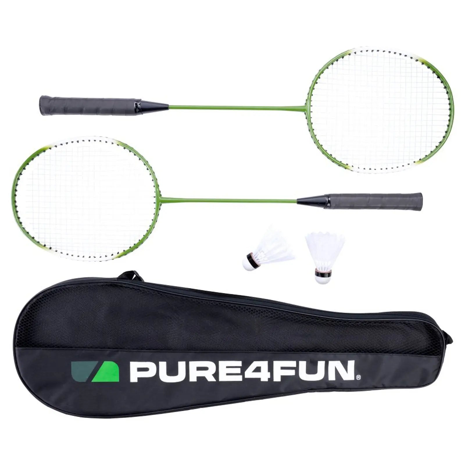 Two green badminton rackets with black grips lie flat alongside two shuttlecocks inside a black carrying case labeled PURE4FUN, showcasing a compact sports setup for outdoor play.