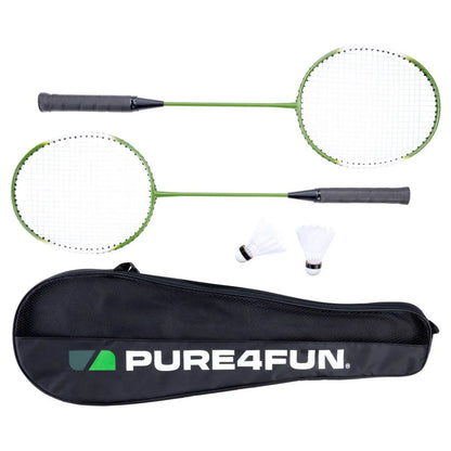 Two green badminton rackets with black grips lie flat alongside two shuttlecocks inside a black carrying case labeled PURE4FUN, showcasing a compact sports setup for outdoor play.