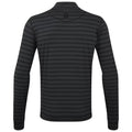 A long-sleeved black and gray striped shirt is displayed facing away showing its back design in a neutral setting. The fabric appears smooth and lightweight suitable for layering.