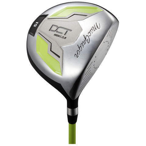 A golf driver with a shiny silver head features green accents and etched text. It has a long shaft with a black and green grip designed for hitting golf balls on a course.
