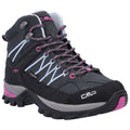 A hiking boot features a gray and black design with pink details laces and a waterproof label showcasing its rugged sole and ankle support intended for outdoor activities.