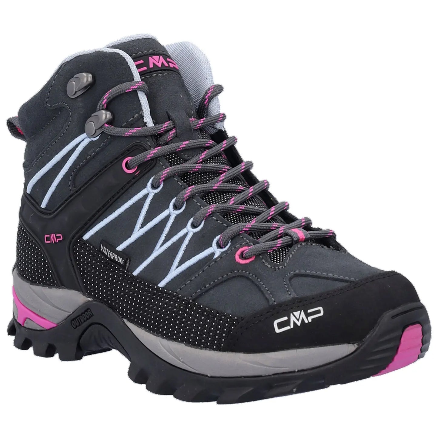 A hiking boot features a gray and black design with pink details laces and a waterproof label showcasing its rugged sole and ankle support intended for outdoor activities.