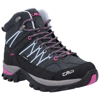 A hiking boot features a gray and black design with pink details laces and a waterproof label showcasing its rugged sole and ankle support intended for outdoor activities.