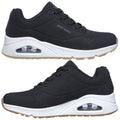 A black athletic shoe featuring a mesh upper and memory foam insole sits on a light background with a textured rubber sole showing patterns for traction