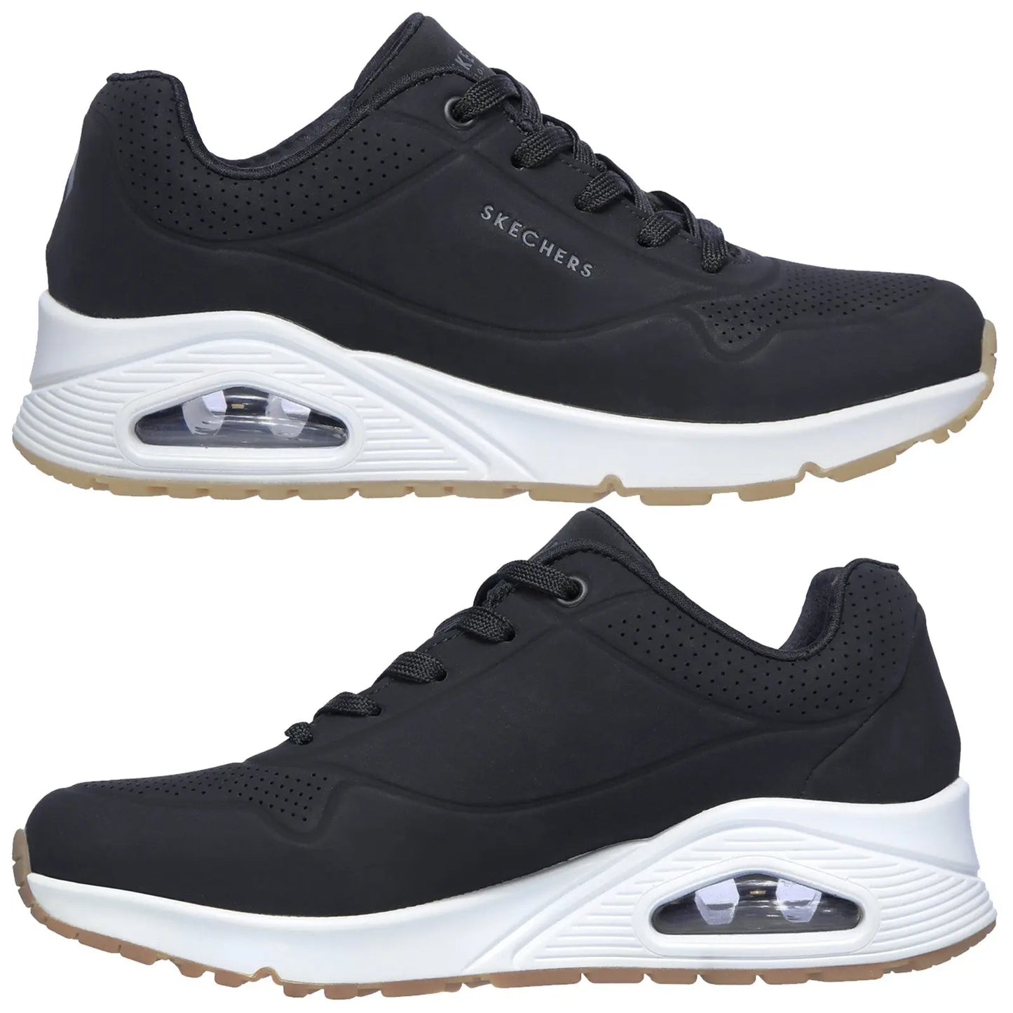A black athletic shoe featuring a mesh upper and memory foam insole sits on a light background with a textured rubber sole showing patterns for traction