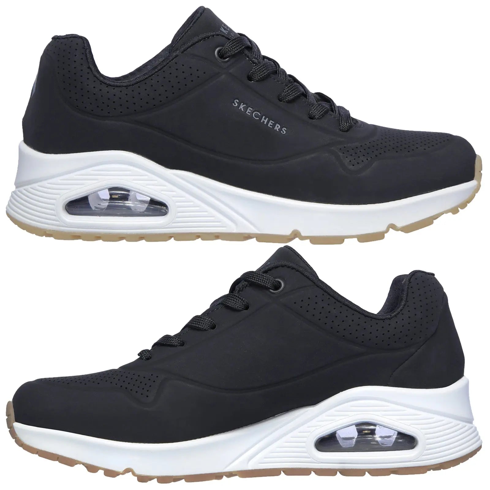 A black athletic shoe featuring a mesh upper and memory foam insole sits on a light background with a textured rubber sole showing patterns for traction