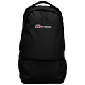 A black backpack is displayed with a logo featuring the word "berghaus" and a colored emblem. It has a sleek design suitable for outdoor activities or casual use.