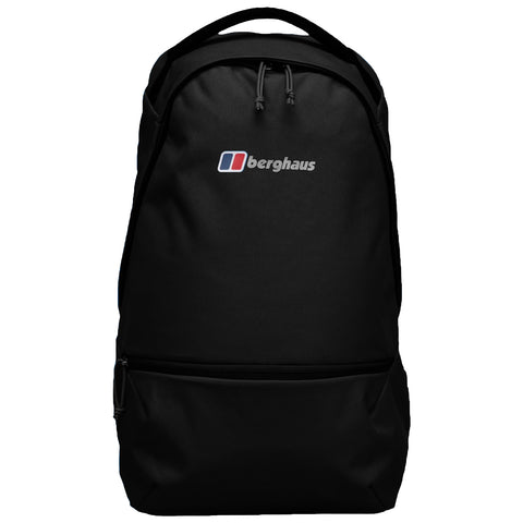 A black backpack is displayed with a logo featuring the word "berghaus" and a colored emblem. It has a sleek design suitable for outdoor activities or casual use.