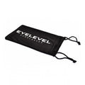 Black fabric pouch with drawstring showcasing the text EYELEVEL SUNGLASSES rests flat against a plain white background. The pouch is designed to store and protect sunglasses.