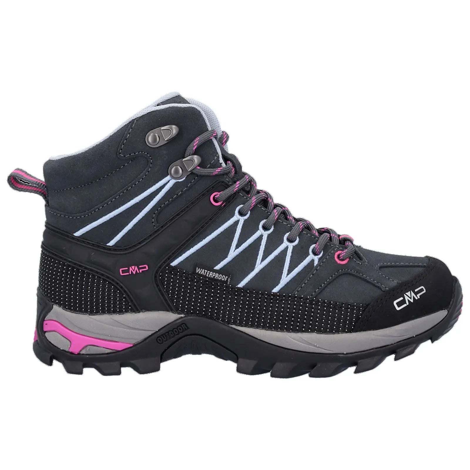 Mid-cut hiking boots with a black and gray design feature waterproof materials and pink accents. They have a durable sole suited for outdoor activities and are designed for stability and comfort.