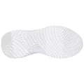A white sneaker sole is displayed showcasing its textured pattern and design emphasizing the grip and traction features in a clean and minimalistic style.