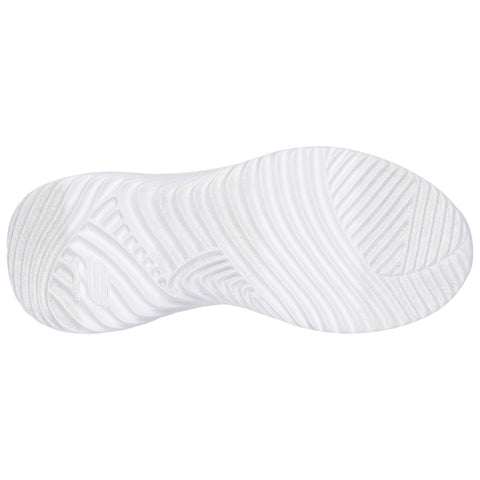 A white sneaker sole is displayed showcasing its textured pattern and design emphasizing the grip and traction features in a clean and minimalistic style.