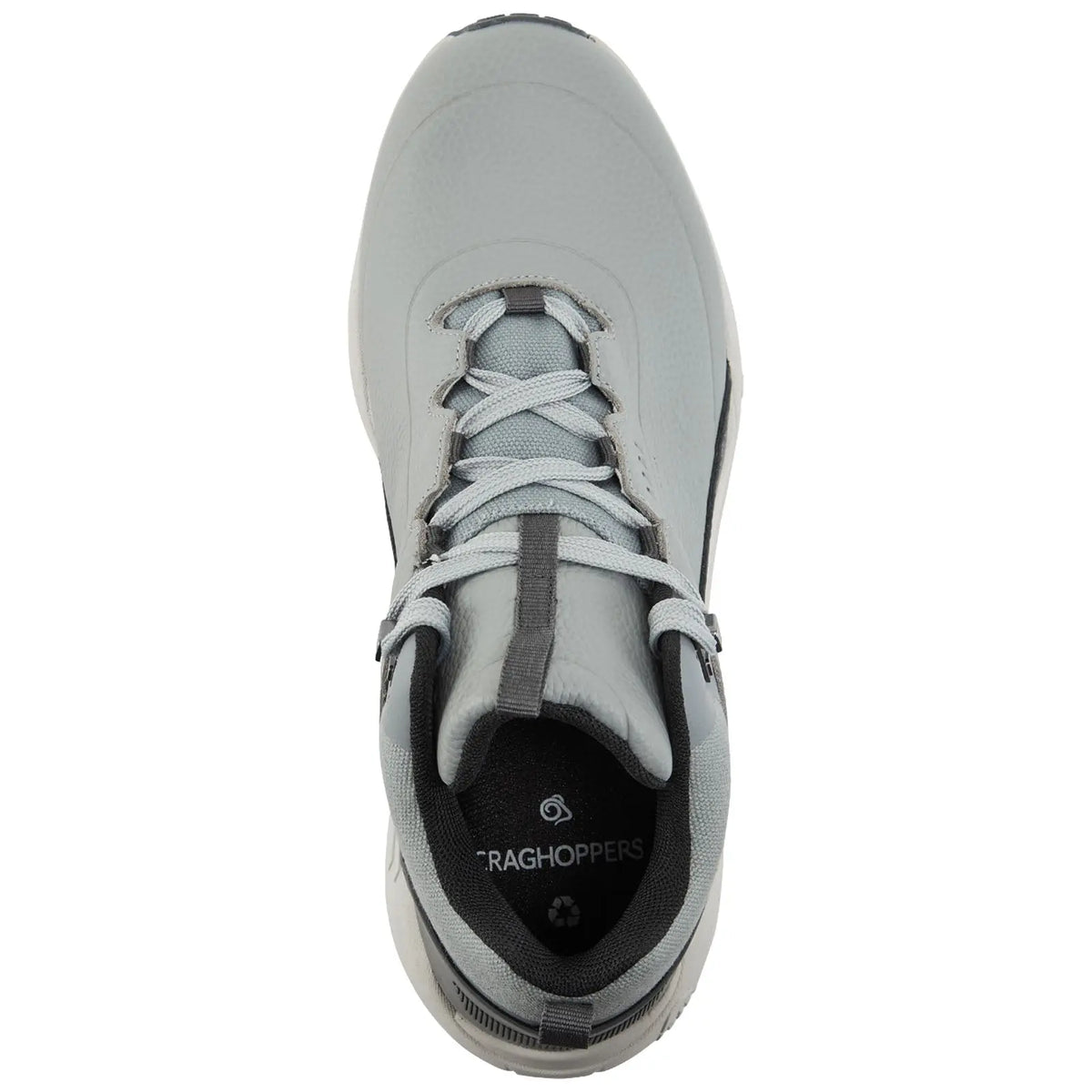 A light gray shoe is displayed from a top-down view with laces and a textured upper the shoe is designed for outdoor use likely positioned on a plain background.