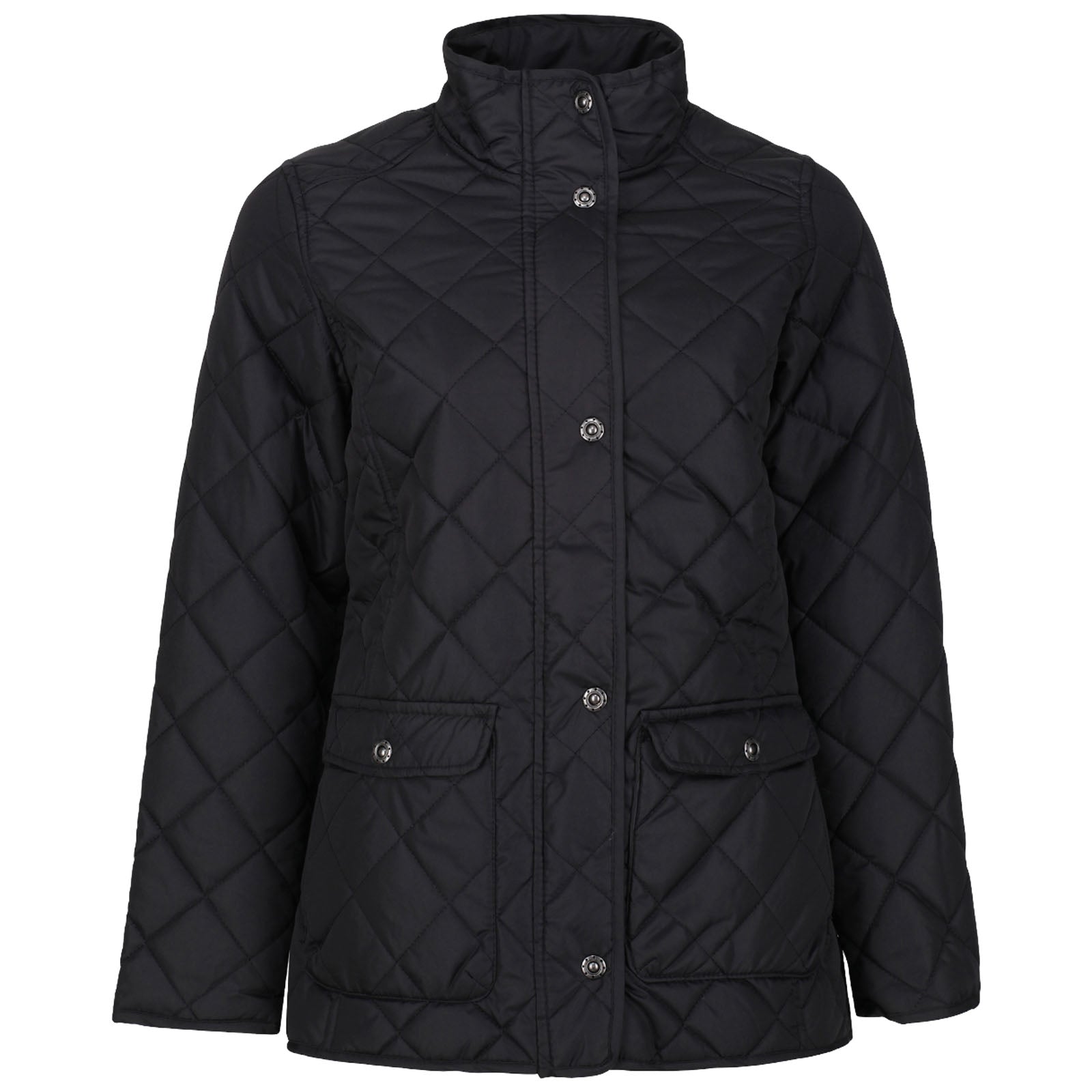 A black quilted jacket featuring a high collar and snap buttons in the front with two front pockets designed for warmth and casual wear.