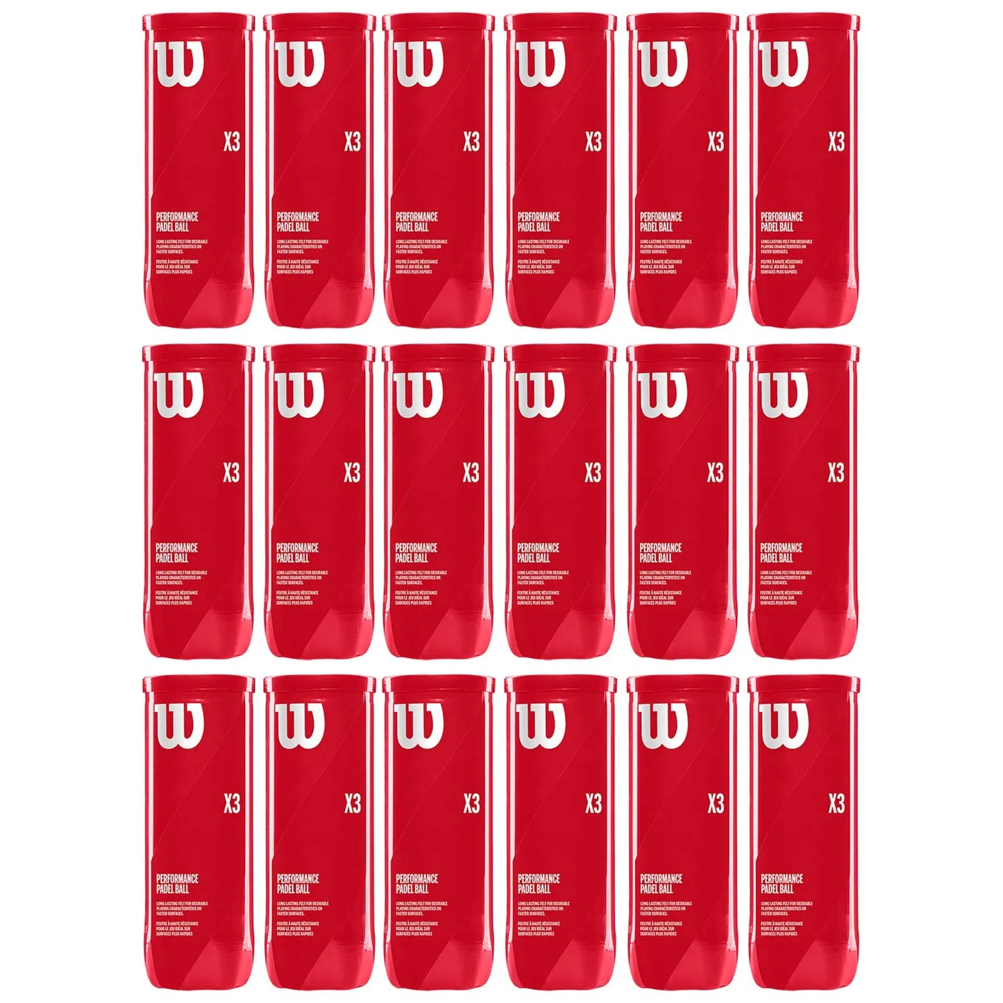 Red containers labeled X3 arranged in a grid pattern contain performance padel balls showcasing the brand logo prominently against a white background providing a clean and organized presentation.