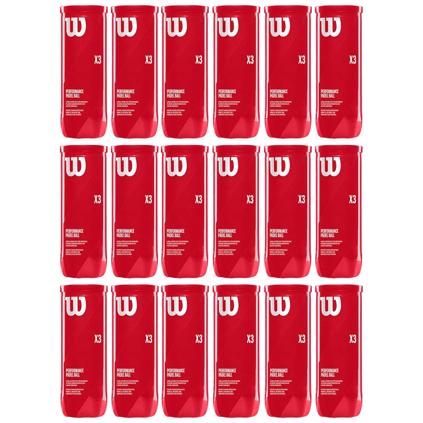 Red containers labeled X3 arranged in a grid pattern contain performance padel balls showcasing the brand logo prominently against a white background providing a clean and organized presentation.