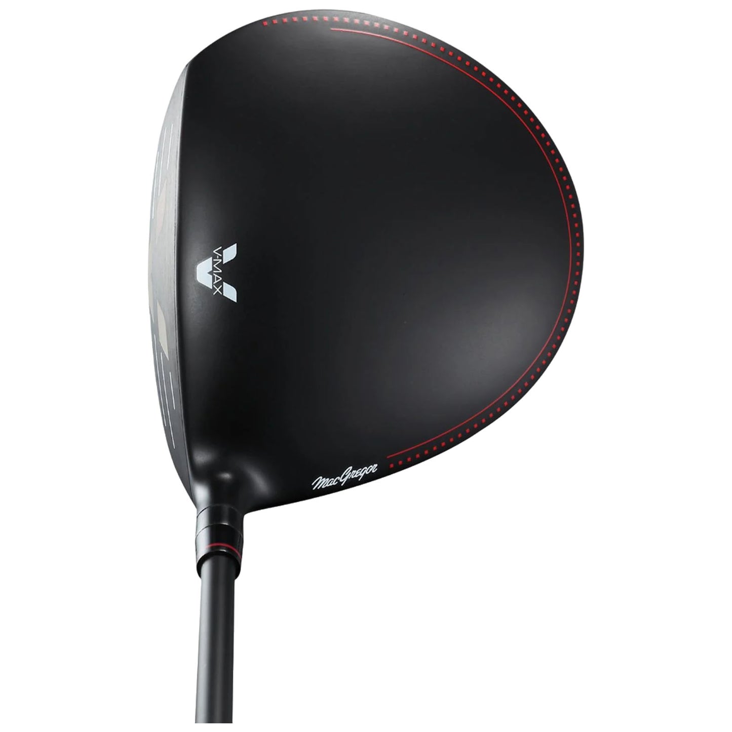 A black golf driver with a curved head features a red accent line and branding on the surface resting on a flat surface suggesting it is ready for use in a game.