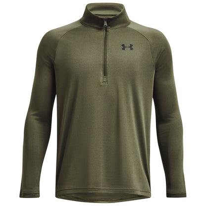 A green long-sleeve pullover features a quarter-zip front and a small logo on the chest, suitable for casual or athletic wear in a neutral background.