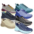 A variety of sporting shoes are arranged in a group displaying different colors and designs each with textured surfaces and distinct lacing systems set against a plain background.