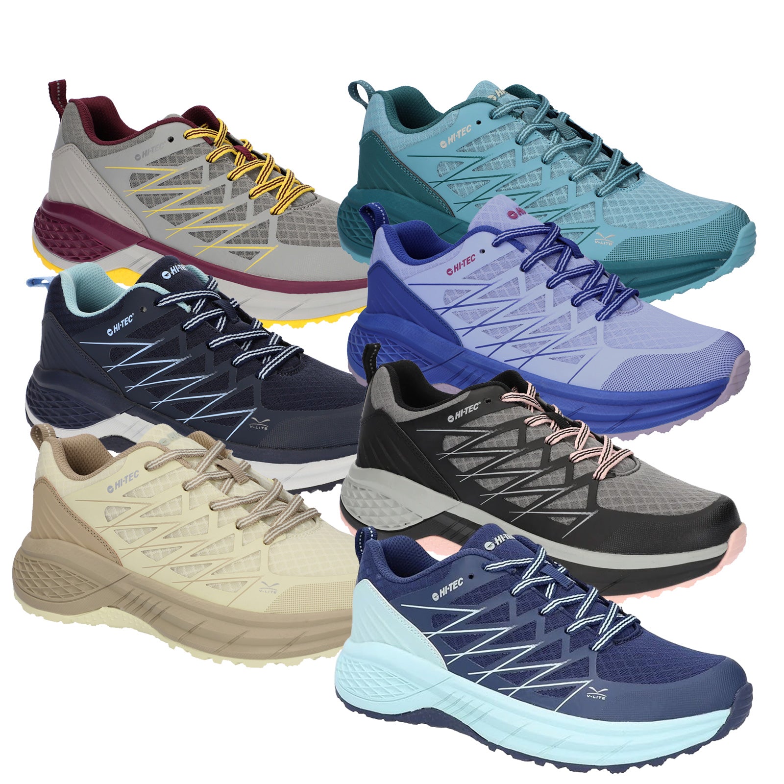 A variety of sporting shoes are arranged in a group displaying different colors and designs each with textured surfaces and distinct lacing systems set against a plain background.