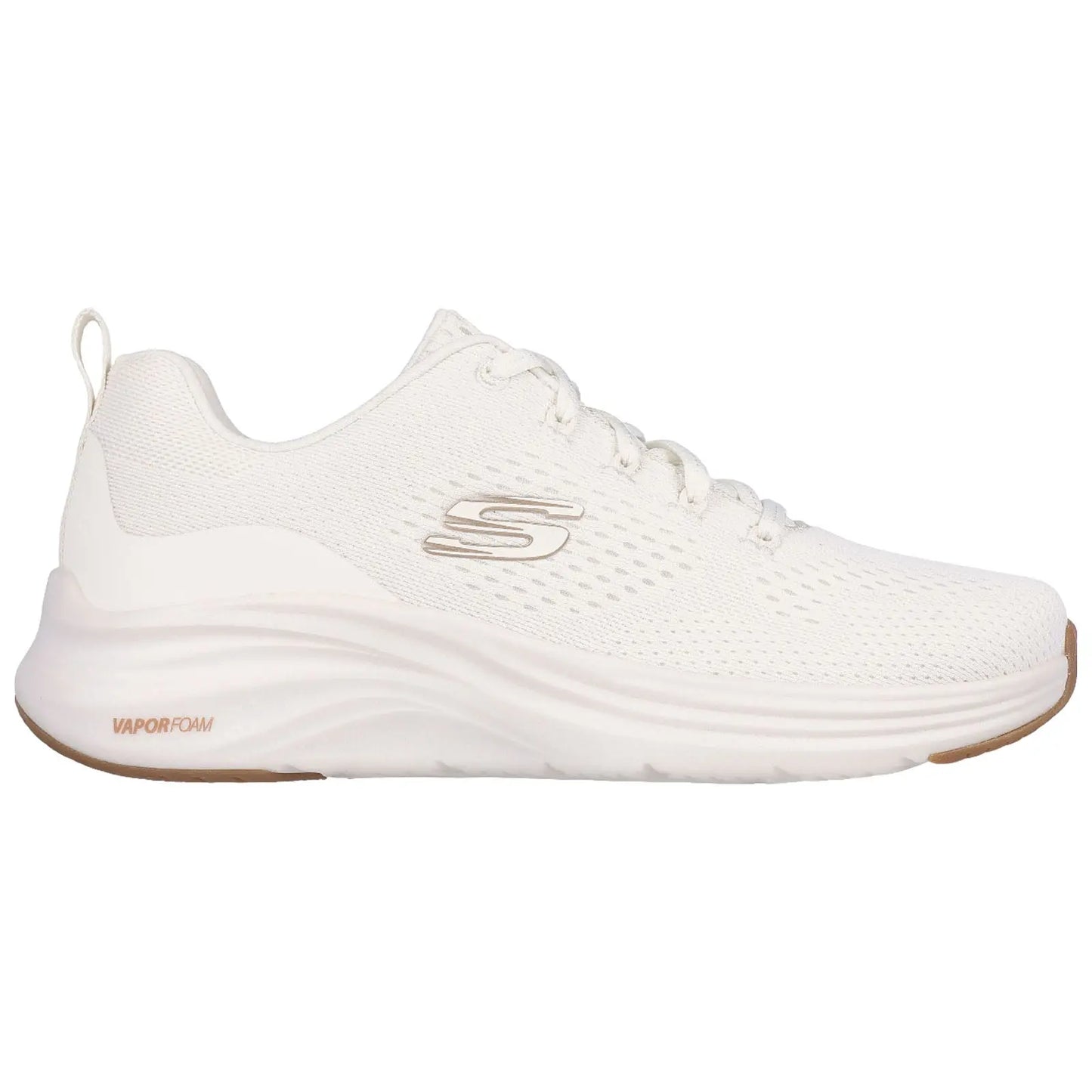 A white athletic shoe features a breathable mesh upper and a cushioned sole labeled as VAPORFOAM highlighting comfort and support for physical activities.
