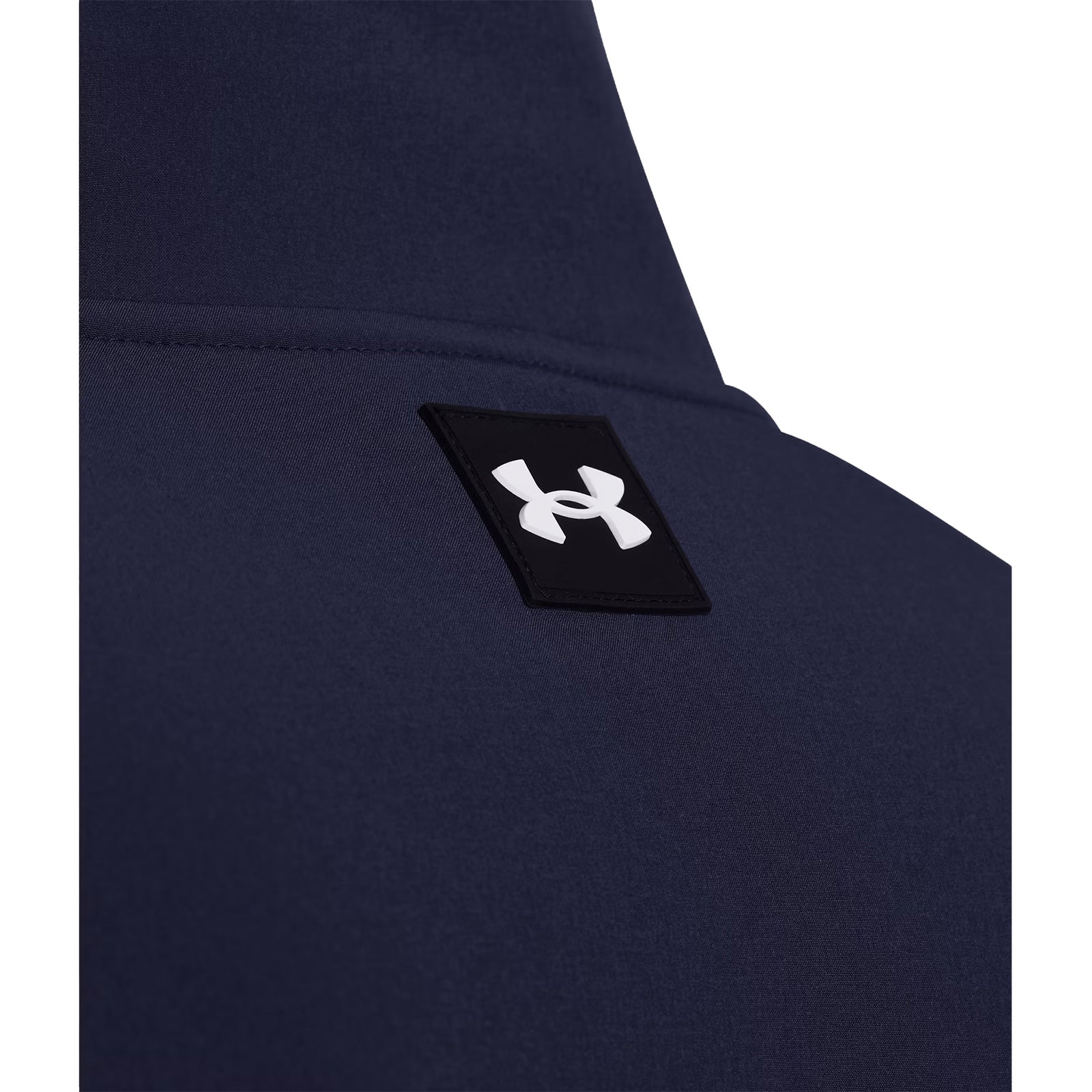 A navy blue hoodie features a black square patch with a white logo prominently displayed on the front upper section against a plain background.