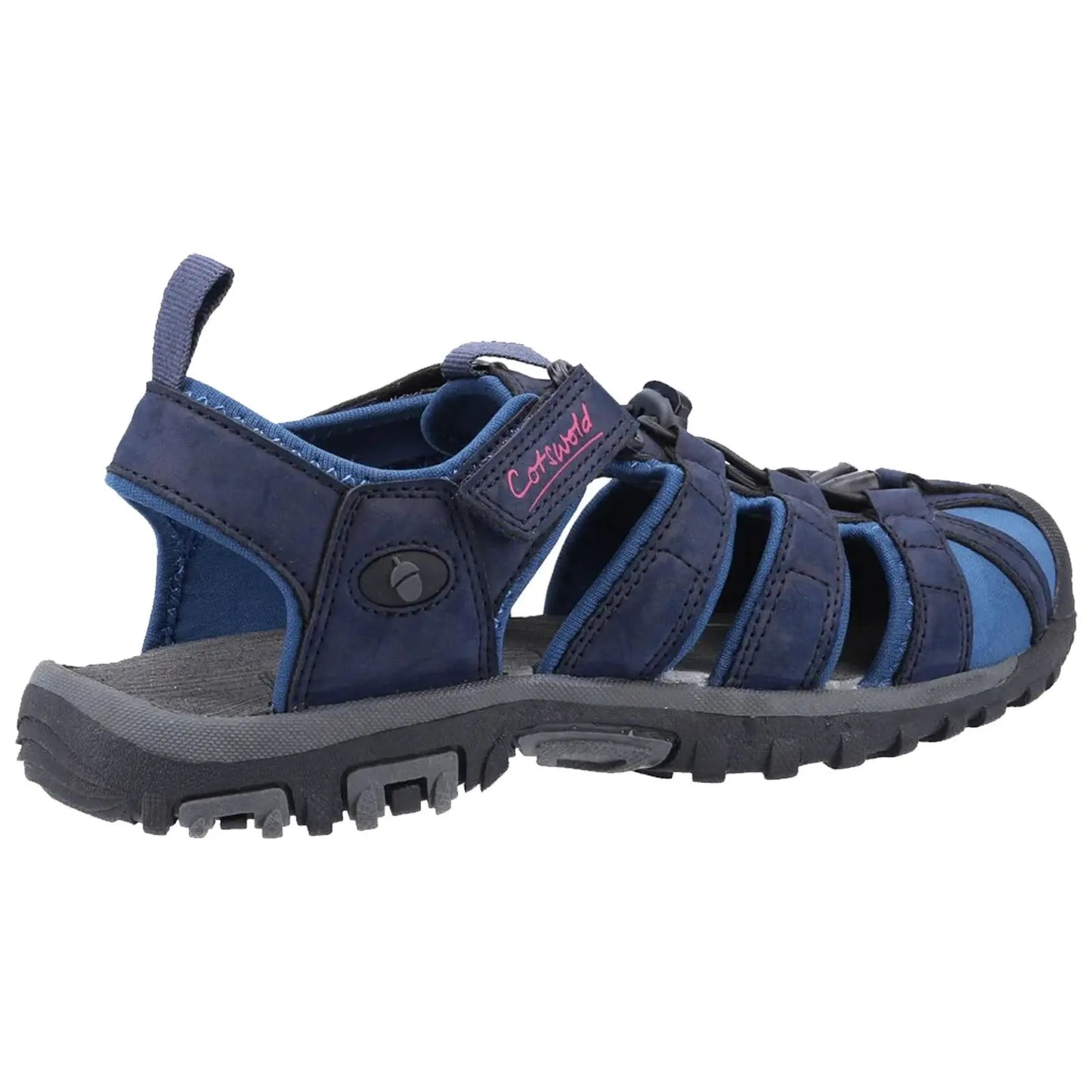A navy blue sandal features a strappy design with a rugged sole and adjustable straps providing comfort and support suitable for outdoor activities in a casual setting.