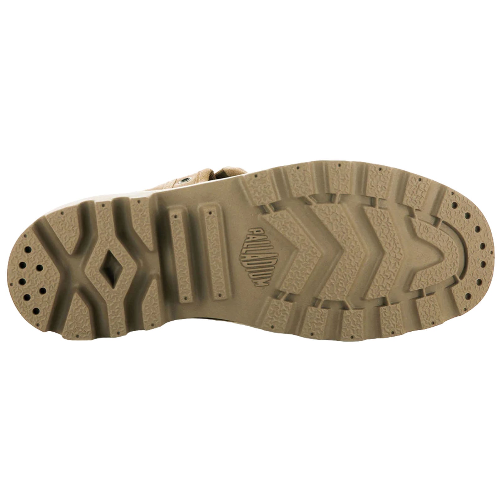 A tan shoe sole is shown with a patterned tread featuring deep grooves and ridges designed for traction and stability, typically found in outdoor or casual footwear.