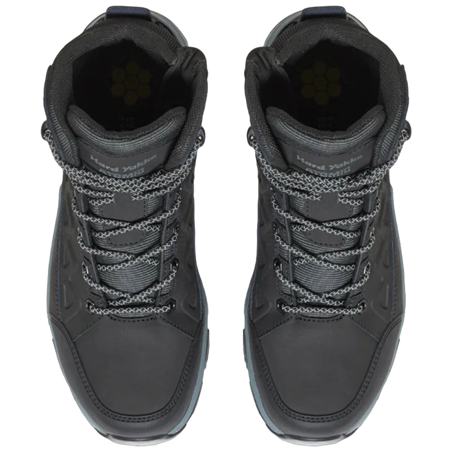 Black hiking boots are positioned upright with gray laces threaded through eyelets demonstrating a sturdy design intended for outdoor activities set against a plain white background