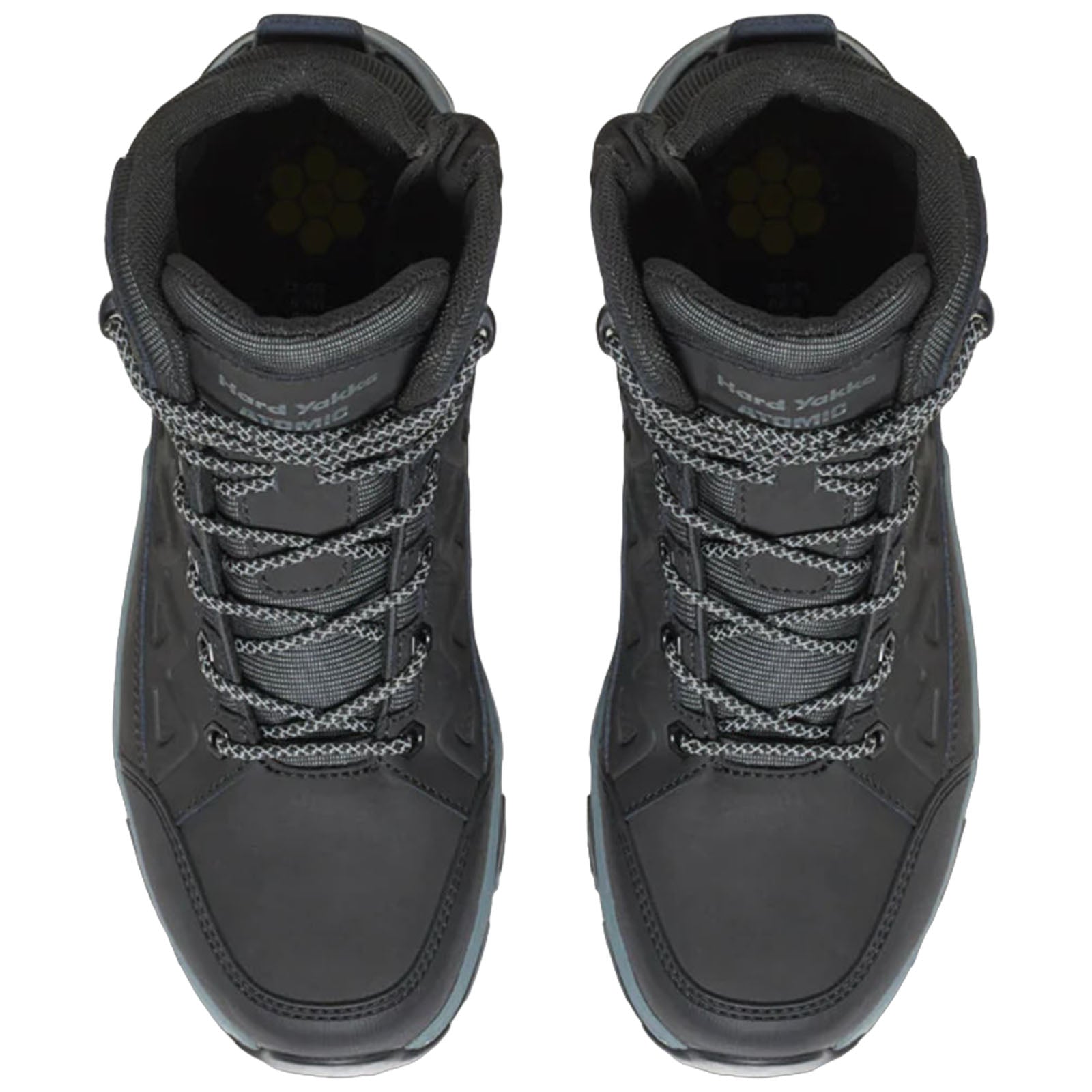 Black hiking boots are positioned upright with gray laces threaded through eyelets demonstrating a sturdy design intended for outdoor activities set against a plain white background