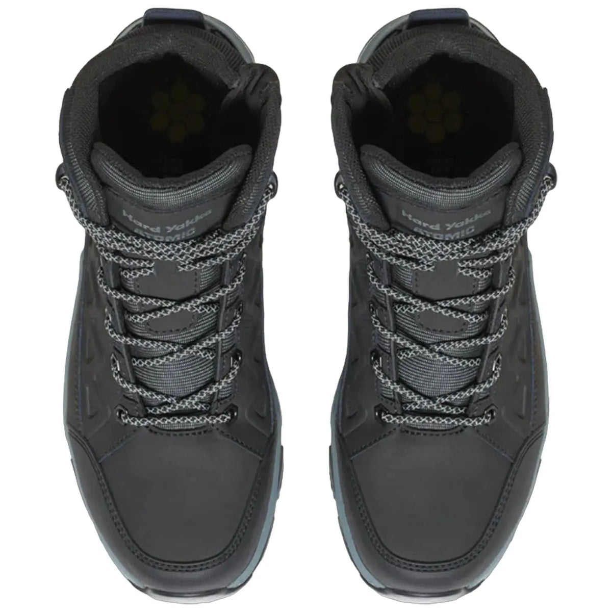 Black hiking boots are positioned upright with gray laces threaded through eyelets demonstrating a sturdy design intended for outdoor activities set against a plain white background