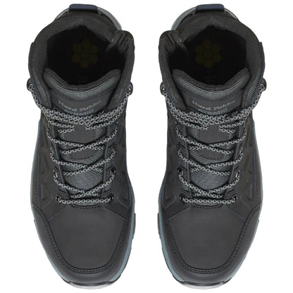 Black hiking boots are positioned upright with gray laces threaded through eyelets demonstrating a sturdy design intended for outdoor activities set against a plain white background