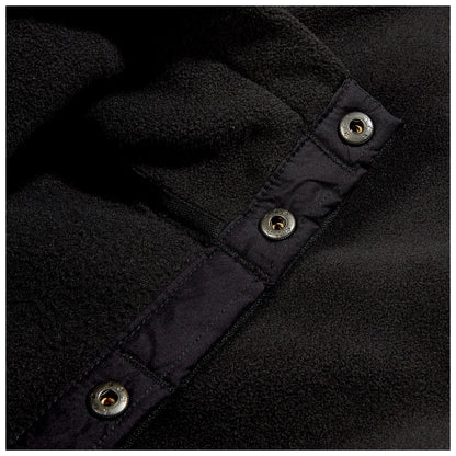 A close-up of a black fleece fabric featuring a button closure with metallic snaps the material appears soft and has a textured surface against a dark background.